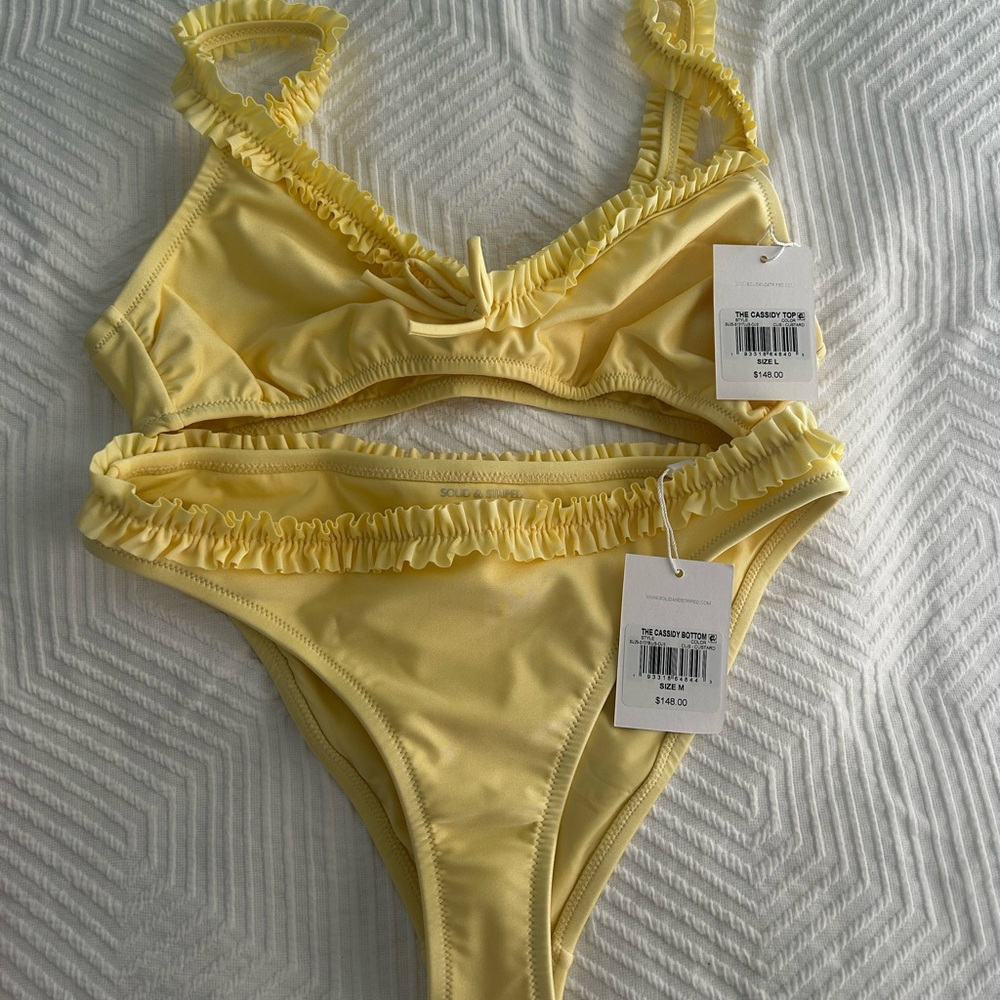 Solid and Striped Yellow Ruffled Bikini Set